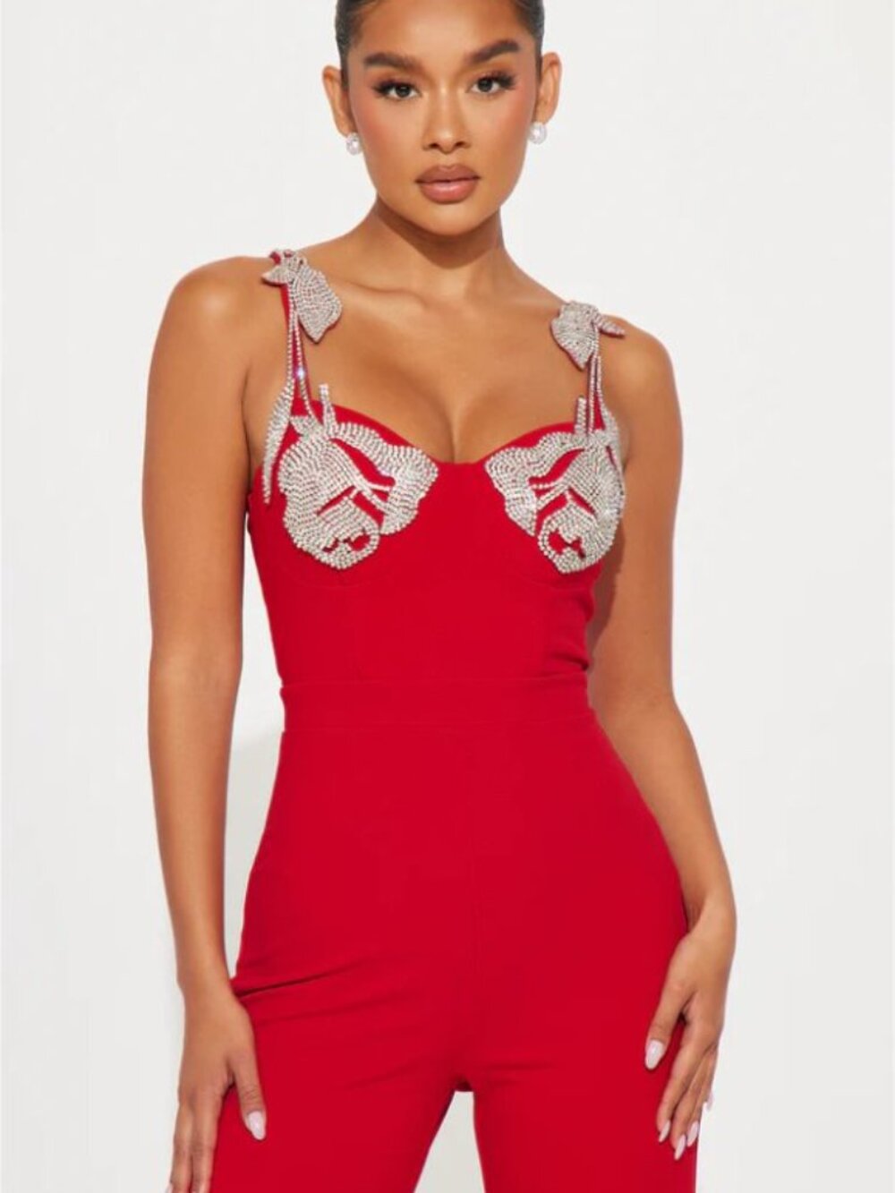 Fashion Nova Red Jumpsuit with Quality Rhinestone Details,sexy New With Tag M